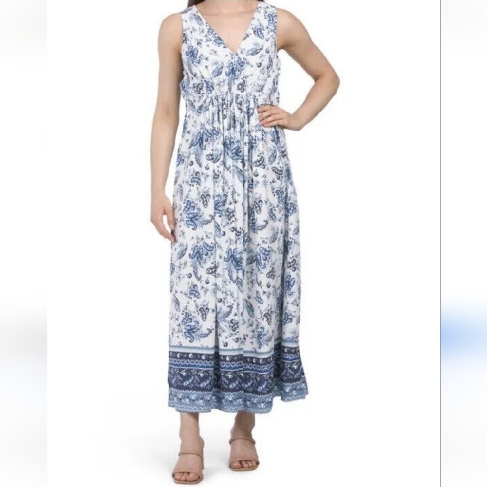 Lucky Brand White Blue Lightweight Paisley Cottagecore Sleeveless‎ Maxi Dress XS